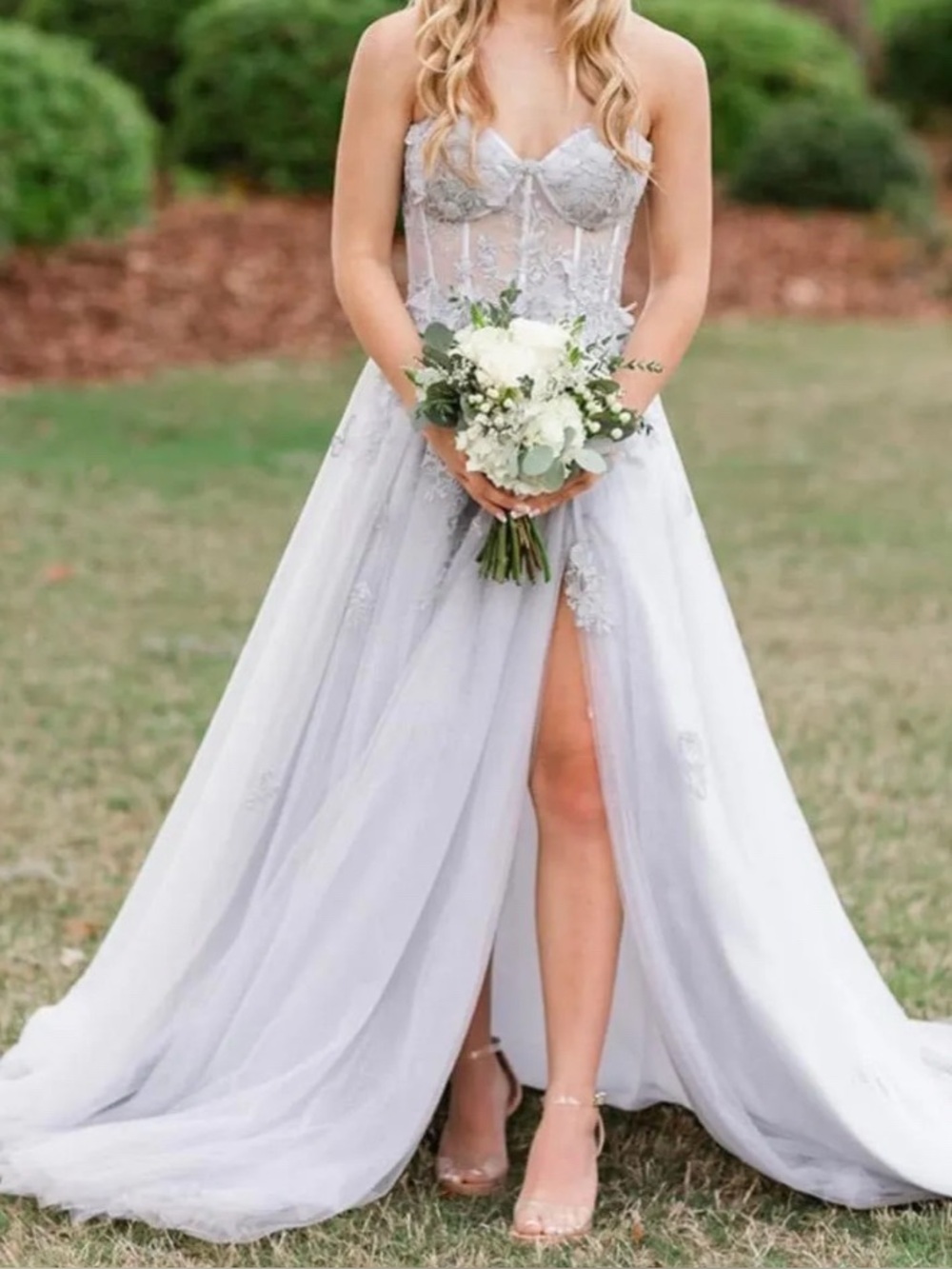 Elegant Light Gray Lace Corset A-Line Dress with Front Slit